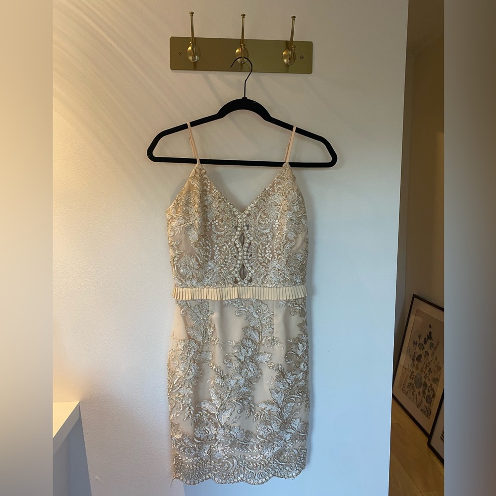 Two sisters the label US size 4 ivory, gold and white mini dress